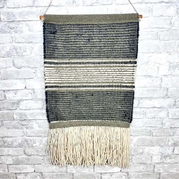 Boho Woven Wool Wall Hanging Tapestry Size 17" x 34" Cream Tan Blue Neutral - Picture 4 of 10